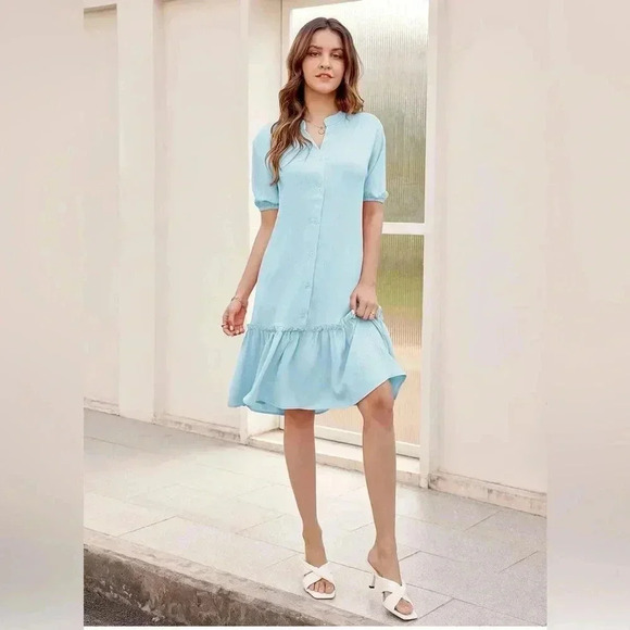 NWT GRACE KARIN V Neck Button Down Dress Shirt Roll Sleeve Ruffle Tiered Dresses - Picture 2 of 11